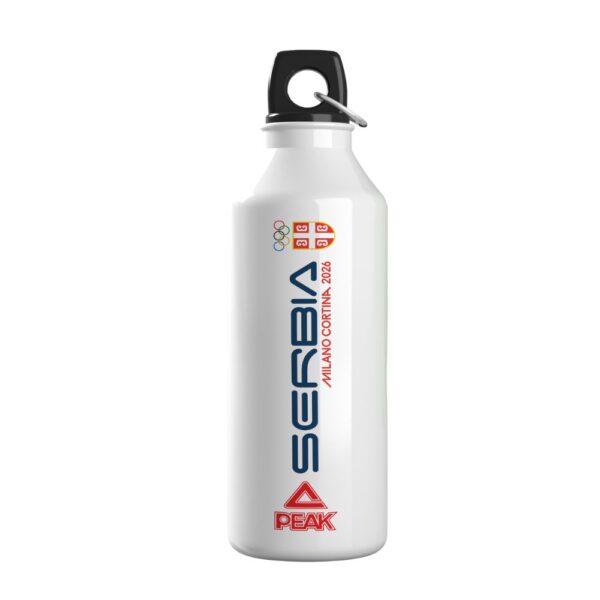 Bela sportska flašica Peak iz Fun kolekcije Olimpijskog komiteta Srbije za Milano Cortina 2026, zapremine 400ml.